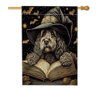 Bandiera per la casa del cane con Cockapoo strega di Halloween, 71 x 101 cm, double face, decorativa per esterni, vintage, libro magico per cuccioli, bandiera per la casa, estetica esterna piccola