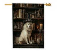 Bandiera per la casa del cane con eschimesi di Halloween, 71 x 101 cm, double-face, per esterni decorativa, per libri magici spaventosi con streghe e cuccioli, bandiera per la casa in lino, piccola