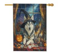 Bandiera per la casa del cane con husky strega di Halloween, 71 x 101 cm per esterni, tarocchi astrologia cucciolo bandiera verticale standard per la casa, bandiera per cortile anteriore strega