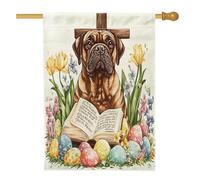 Bandiera per la casa del cane con mastino pasquale primaverile, 71 x 101 cm, double-face, per decorazione esterna, uova di campagna, fiori, cuccioli, cortile, casa, tela, motivo divertente per esterni