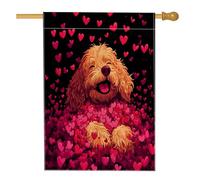 Bandiera per la casa del cane con scarabocchio dorato di San Valentino, 71 x 101 cm, double face, per decorazione esterna, divertente motivo cucciolo di cuore, bandiera per la casa, per amanti degli