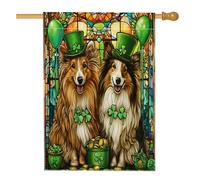 Bandiera per la casa del cane da pastore delle Shetland per San Patrizio, 71 x 101 cm, double face, per decorazione esterna, in vetro colorato, per cuccioli, cortile, cortile, prato, bandiera per la