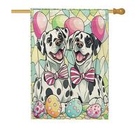 Bandiera per la casa del cane dalmata primaverile pasquale 71 x 101 cm, double face, per decorazione esterna, uova in vetro colorato, bandiera per la casa, divertente bandiera per la casa in tela per