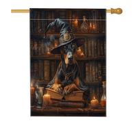 Bandiera per la casa del cane dobermann di Halloween, 71 x 101 cm, per esterni, spaventosa strega, libri magici con cuccioli, bandiera verticale standard per la casa, decorazione per esterni