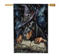 Bandiera per la casa del cane dobermann strega di Halloween, 71 x 101 cm, double face, decorativa per esterni, vintage, libro magico per cuccioli, bandiera per la casa, estetica esterna piccola