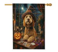 Bandiera per la casa del cane Labradoodle strega di Halloween, 71 x 101 cm, double face, per decorazione esterna, tarocchi astrologia cucciolo frontyard bandiera per la casa, strega all'aperto piccola