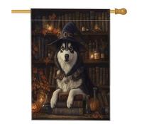 Bandiera per la casa del cane Malamute di Halloween Alaskans Malamute, 71 x 101 cm per esterni, spaventosa strega magica libri di magia cucciolo bandiera verticale standard in lino per la casa