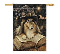 Bandiera per la casa del cane Rough Collie per strega di Halloween, 71 x 101 cm, double face, decorativa per esterni, vintage, libro magico per cuccioli, bandiera per la casa, estetica esterna piccola