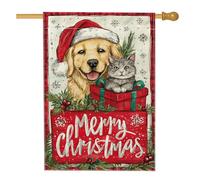 Bandiera per la casa del cane, scatola regalo natalizia con gatto rosso in iuta rossa su entrambi i lati, bandiere decorative per portico anteriore per esterni, prato, cortile, patio, ingresso 71 x