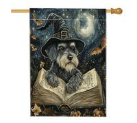 Bandiera per la casa del cane Schnauzer strega di Halloween, 71 x 101 cm, double face, decorativa per esterni, vintage, libro magico per cuccioli, bandiera per la casa, estetica esterna piccola