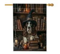 Bandiera per la casa del cane Springer Spaniel di Halloween, 71 x 101 cm, double-face per esterni, per esterni, spaventosa strega, libri magici per cuccioli, bandiera per la casa in lino, piccola
