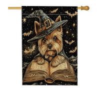 Bandiera per la casa del cane Yorkies strega di Halloween, 71 x 101 cm, double face, decorativa per esterni, vintage, libro magico per cuccioli, bandiera per la casa, estetica esterna piccola bandiera