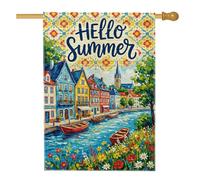 Bandiera per la casa delle barche, con case panoramiche estive sul fiume blu su entrambi i lati, grande bandiera da giardino per esterni, patio, prato, ingresso campeggio, 71 x 101 cm