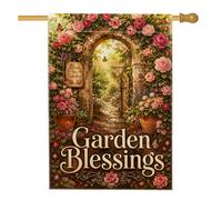 Bandiera per la casa delle rose, rustica floreale con farfalla in pietra ad arco primaverile color pesca su entrambi i lati, decorativa per esterni, prato, cortile, patio, ingresso 71 x 101 cm