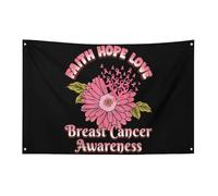 Bandiera per la consapevolezza del cancro al seno con nastro rosa, girasole, fede, speranza e amore, 3 x 5 piedi, striscione da giardino con 4 fori, decorazione per interni ed esterni.