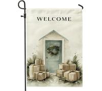 Bandiera per porta da giardino, ghirlanda rustica invernale presenta bandiere decorative in iuta verde invernale su entrambi i lati, per esterni, patio, prato, portico anteriore, balcone, 30,5 x 45,7