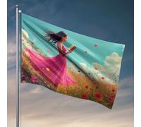Bandiera per ragazzi con una donna in abito rosa che legge un libro tra fiori colorati. Bandiera accessori per patio e decorazione per porte esterne (120 x 180 cm)