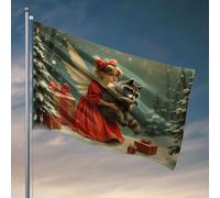 Bandiera per ragazzi con una ragazza in abito rosso che tiene un procione con alberi innevati e regali intorno a lei. Bandiera accessori per patio e decorazione per porte esterne (30 x 45 cm)