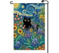 Bandiera Personalizzata Cats Starry Night Blooms Spring Flower Dark Themed