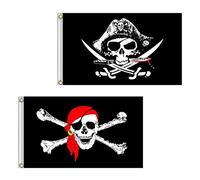 Bandiera pirata 2 pezzi 60 x 90 cm cranio e croce coltello con ossa incrociate Jolly Roger (sciarpa rossa) bandiera per feste all'aperto e pirati, Bandiera con coltello 2' x 3'