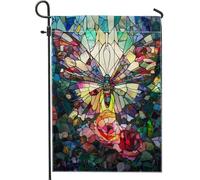 Bandiera Pirata Colorful Butterfly Flower Multicolor Stained Glass Bandiere Resistente Alle Intemperie Rinforzo Bandierine Della Decorazione Per Bar Giardino Balcone 70X102Cm