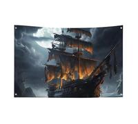 Bandiera pirata con barca a vela con luna piena, 119,4 x 177,8 cm, non sbiadisce, bandiera di benvenuto da giardino, cortile, casa, cartello decorativo per interni ed esterni, decorazione per la casa