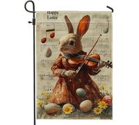 Bandiera Pirata Happy Easter Bunny Colorful Rabbit Viola Flower Durevole Bandiere da giardino Stampa Flag per Esterno Ristoranti 30x45cm