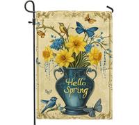 Bandiera Pirata Hello Spring Flower Yellow Daffodil Butterfly Poliestere Bandiere da giardino Stampa Bandierine per Interno Esterno 30x45cm