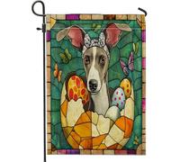 Bandiera Pirata Spring Easter Greyhound Dog Stained Glass Eggs Bandiere Da Balcone Rinforzo Doppia Cucitura Flag Per Ristoranti Parata Conferenza 70X102Cm