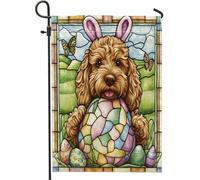 Bandiera Pirata Spring Easter Labradoodle Dog Stained Glass Eggs Bandiere Da Giardino Doppia Cucitura Colori Vivaci Flag Per Celebrazione Conferenza Bar 70X102Cm