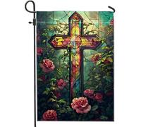 Bandiera Pirata Stained Glass Cross Colorful Flower Roses Resistente allo Scolorimento Bandiere Colori Vivaci Bandierine della Decorazione per All'aperto Parata 30x45cm