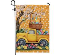 Bandiera primaverile da giardino pasquale, camion vintage giallo con uova colorate, decorazione per la casa e il cortile, in iuta su entrambi i lati, decorazione per prato all'aperto 30,5 x 45,7 cm