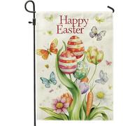 Bandiera primaverile da giardino pasquale, fiori e uova colorate vivaci, decorazione per cortile con farfalle, in tessuto su entrambi i lati, decorazione per esterni, decorazione per la casa