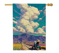 Bandiera primaverile estiva con nuvole da giardino di montagna, paesaggi scenici colorati per la casa, bandiera da cortile su entrambi i lati, decorazione stagionale per prato all'aperto, 71 x 101 cm