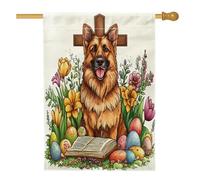 Bandiera primaverile pasquale pastore tedesco per casa di cane da 71 x 101 cm, double face, per decorazione esterna, uova di campagna, fiori, cuccioli, bandierine per la casa, motivo divertente per