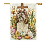 Bandiera primaverile pasquale Shih Tzu per casa del cane 71,1 x 101,2 cm su entrambi i lati per la decorazione esterna, uova di campagna, fiori, cuccioli, bandierine per la casa, divertente motivo