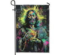 Bandiera religiosa da giardino con cuore sacro, vivace Gesù al neon, decorazione per la casa primaverile ed estiva, arte moderna, bandiera da cortile su entrambi i lati, impermeabile per feste di