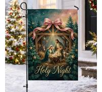 Bandiera religiosa della notte sacra scena religiosa da giardino di Natale | Iscrizione della notte santa, bandiera del prato, accenti di albero di pino, tema religioso, decorazione del giardino