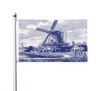 Bandiera retrò blu olandese Nederland mulino a vento Delft 3x5 piedi grande striscione esterno laterale, doppie cuciture appese bandiere esterne per cartello da giardino prato festa forniture decorazi