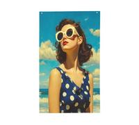 Bandiera retrò con bella donna che indossa grandi occhiali da sole, bandiere per la casa, 9 x 1,5 m, con occhielli, decorazioni per interni ed esterni, feste per la casa