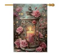 Bandiera romantica da giardino floreale, lanterna con rose di pesca, striscione decorativo per la casa, bandiera da giardino in iuta su entrambi i lati, per primavera estate e decorazione esterna, 71