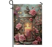 Bandiera romantica da giardino floreale, lanterna con rose di pesca, striscione decorativo per la casa, bandiera da giardino in iuta su entrambi i lati, per primavera estate e decorazione esterna 30,5