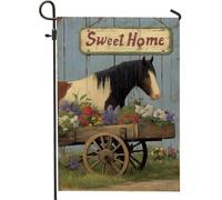 Bandiera rustica da giardino con cavalli e fiori, striscione decorativo per la casa in stile country per primavera, bandiera da cortile su entrambi i lati per decorazione esterna del prato 30,5 x 45,7