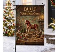 Bandiera rustica da giardino con cavallo a dondolo a tema workshop di | Tema rustico dell'officina, bandiera del prato, decorazioni giocattolo vintage, trame di legno, illuminazione calda della