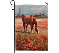 Bandiera rustica da giardino con cavallo marrone, bandiera floreale con papavero per la casa, bandiera da cortile in iuta su entrambi i lati, per decorazione esterna del prato, perfetta per primavera