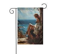 Bandiera rustica da giardino con donna che legge in riva al mare, 30 x 45 cm, verticale, double face, decorazione per casa colonica