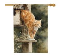 Bandiera rustica da giardino con gatto primaverile, gatto soriano arancione su una casetta per gli uccelli, decorazione per la casa su entrambi i lati, decorazione per la casa autunnale per feste