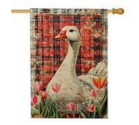 Bandiera rustica da giardino con oche primaverili, striscione floreale con tulipani rossi scozzesi, decorazione vintage per esterni, decorazione per feste e vacanze, design su entrambi i lati, 71 x
