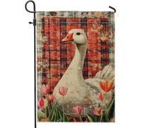 Bandiera rustica da giardino con oche primaverili, striscione floreale con tulipani rossi scozzesi, decorazione vintage per esterni, decorazione per feste e vacanze, design su entrambi i lati, 30,5 x