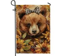 Bandiera rustica da giardino con orso autunnale, bandiera floreale marrone per la casa, bandiera da cortile in iuta su entrambi i lati, per la decorazione autunnale del prato all'aperto, 30,5 x 45,7